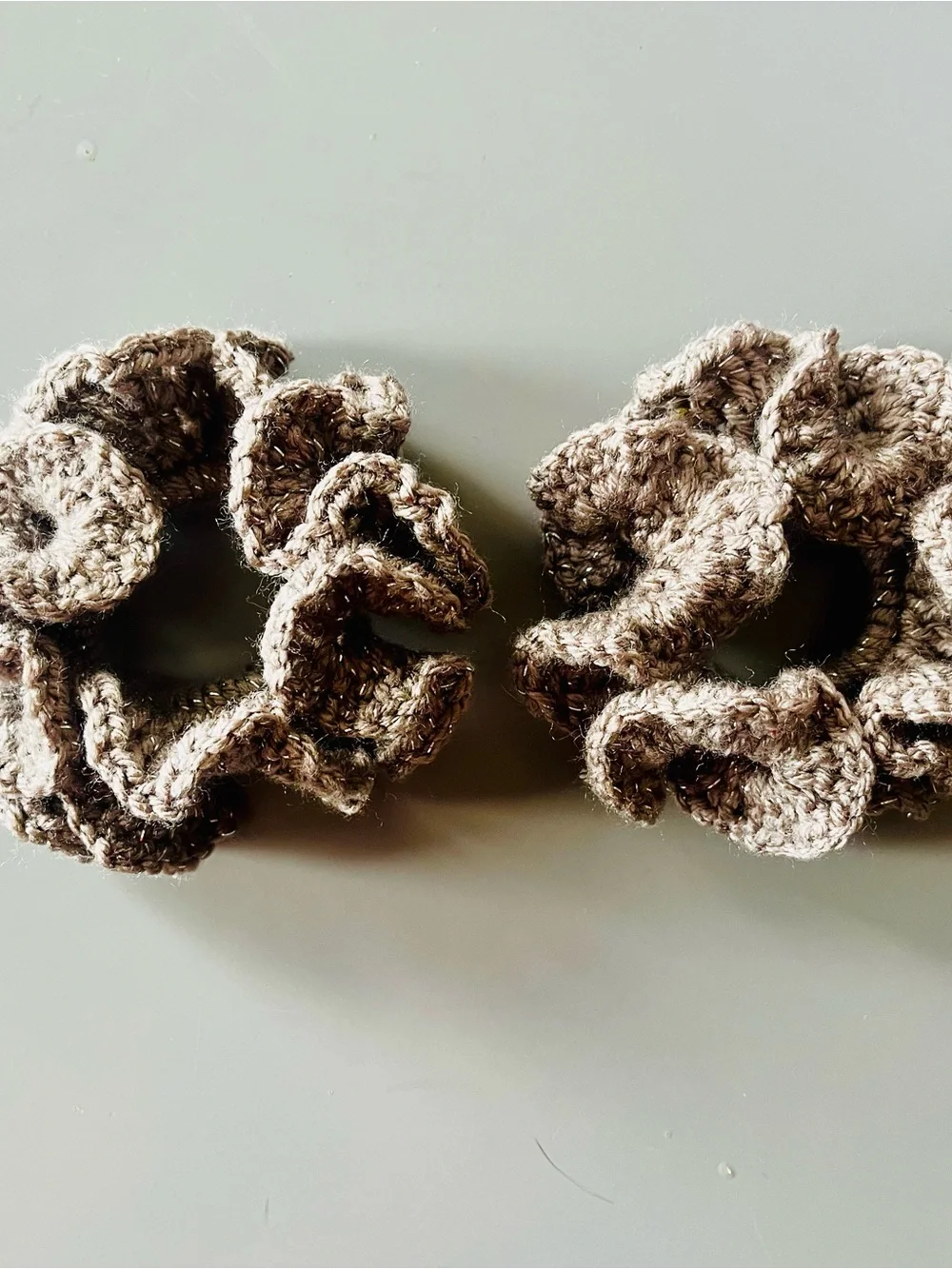 Set of 2 Extra Ruffle Crochet Hair Scrunchies Sparkling Brown - Handmade NIP